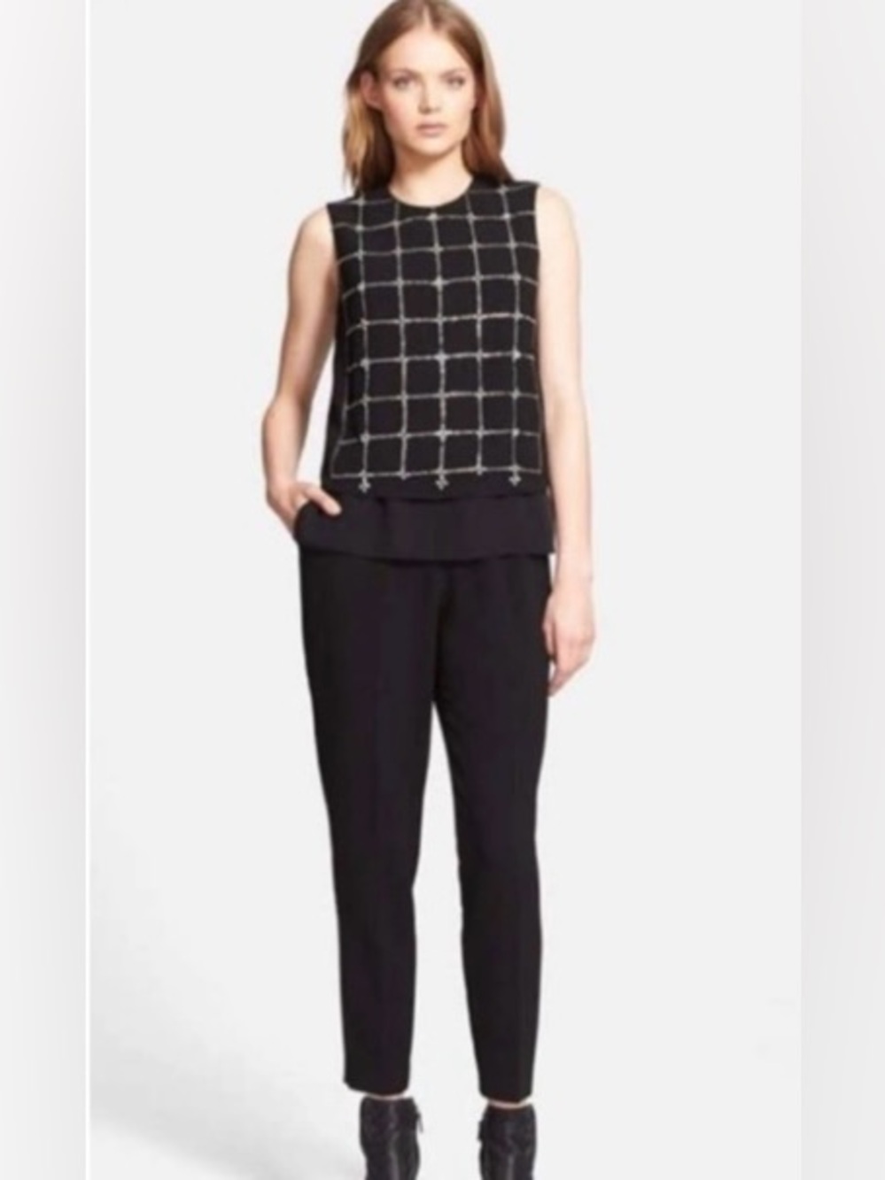 NWOT Tory Burch Black Windowpane Sleeveless Top with Black Straight-Leg Pants